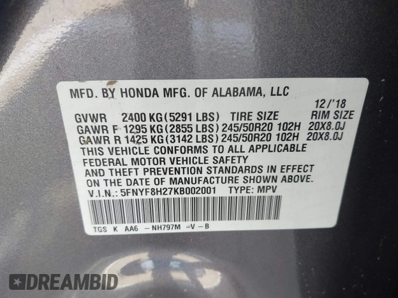 2019 Honda Passport Sport with VIN 5FNYF8H27KB002001, listed as a IAAI auction lot 42299635 with 54,542 mi miles and . Bid and sale history available at DreamBid. Image 9.