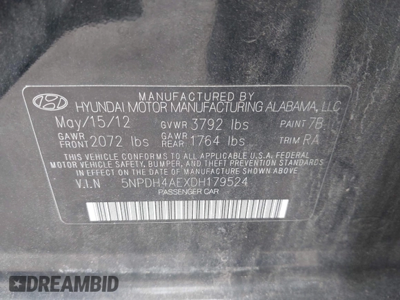 2013 Hyundai Elantra GLS with VIN 5NPDH4AEXDH179524, listed as a IAAI auction lot 42753589 with 119,858 mi miles and . Bid and sale history available at DreamBid. Image 9.