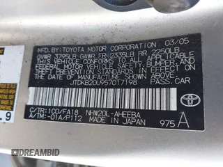 2005 Toyota Prius with VIN JTDKB20U957017198, listed as a IAAI auction lot 42227262 with 241,187 mi miles and . Bid and sale history available at DreamBid. Image 9.