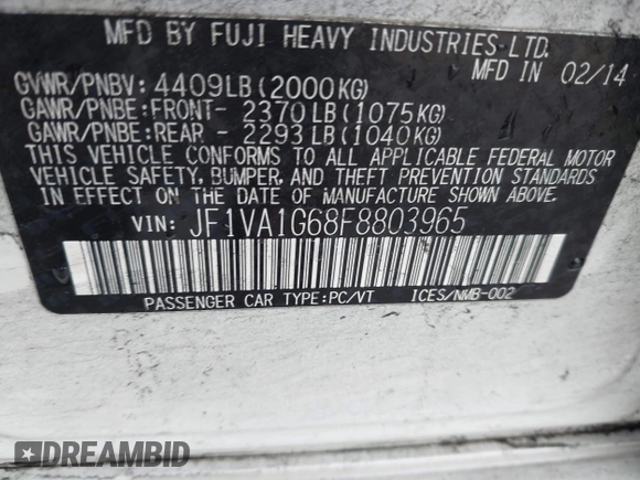 2015 Subaru WRX Limited with VIN JF1VA1G68F8803965, listed as a IAAI auction lot 41594024 with 147,381 mi miles. Bid and sale history available at carsss.com. Image 9.