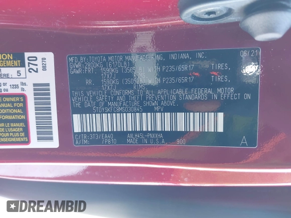 2021 Toyota Sienna XLE with VIN 5TDYSKFC8MS030845, listed as a IAAI auction lot 41628364 with 63,671 mi miles. Bid and sale history available at carsss.com. Image 9.