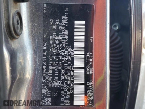 2011 Toyota Tundra 4WD Truck with VIN 5TFDM5F11BX019427, listed as a Copart auction lot 75472504 with 144,181 mi miles and Salvage Title. Bid and sale history available at carsss.com. Image 12.