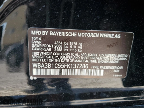 2015 BMW 3 Series 320i with VIN WBA3B1C55FK137286, listed as a Copart auction lot 50580135 with 144,687 mi miles and Non Repairable. Bid and sale history available at carsss.com. Image 13.