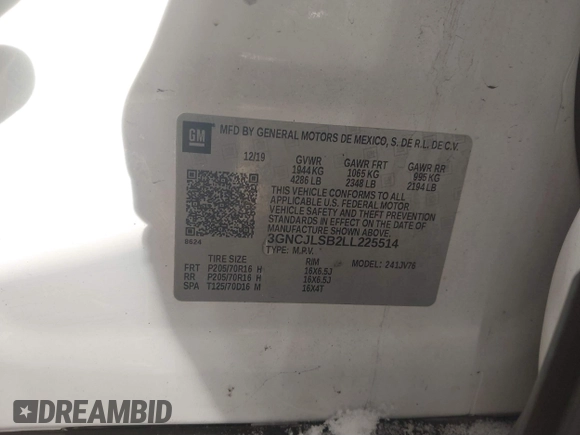 2020 Chevrolet Trax LT with VIN 3GNCJLSB2LL225514, listed as a IAAI auction lot 41579860 with 100,580 mi miles and . Bid and sale history available at DreamBid. Image 9.