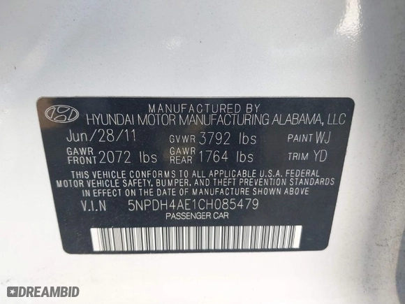 2012 Hyundai Elantra Limited with VIN 5NPDH4AE1CH085479, listed as a IAAI auction lot 41520882 with 61,720 mi miles. Bid and sale history available at carsss.com. Image 9.