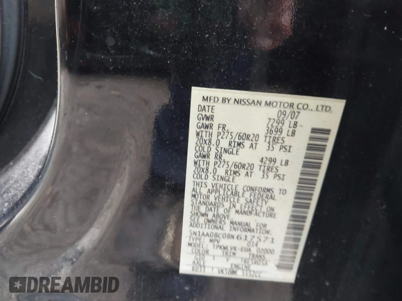 2008 Nissan Armada SE z VIN 5N1AA08C08N617571, wystawiony jako IAAI lot #41766604 z przebiegiem Nie podano mil oraz . Historia ofert i sprzedaży dostępna na DreamBid. Obrazek 9.