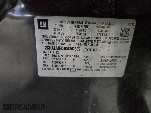 2013 GMC Terrain SLE with VIN 2GKALMEK4D6302339, listed as a Copart auction lot 55856355 with 192,617 mi miles and Salvage title. Bid and sale history available at DreamBid. Image 15.