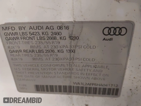 2017 Audi Q5 Premium Plus с VIN WA1L2AFP5HA041712, выставлен на аукционе IAAI как лот 41723990 с пробегом 136 112 миль миль и . История ставок и продаж доступна на DreamBid. Изображение 9.