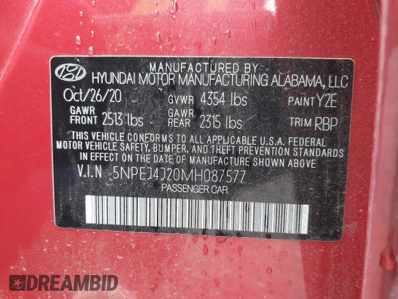 2021 Hyundai Sonata SEL Plus with VIN 5NPEJ4J20MH087577, listed as a IAAI auction lot 41090040 with Not Provided miles and . Bid and sale history available at DreamBid. Image 9.
