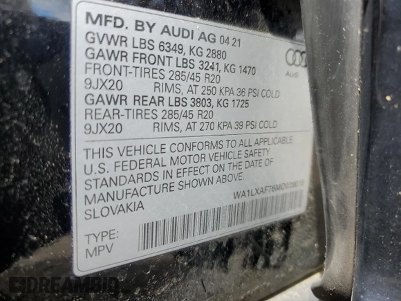 2021 Audi Q7 Premium Plus with VIN WA1LXAF76MD038019, listed as a Copart auction lot 57455365 with 30,848 mi miles and Salvage title. Bid and sale history available at DreamBid. Image 13.