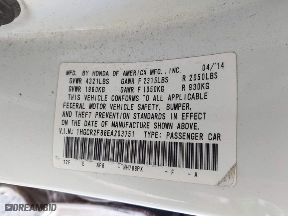 2014 Honda Accord Sedan EX-L with VIN 1HGCR2F88EA203751, listed as a IAAI auction lot 41608367 with 143,025 mi miles. Bid and sale history available at carsss.com. Image 9.