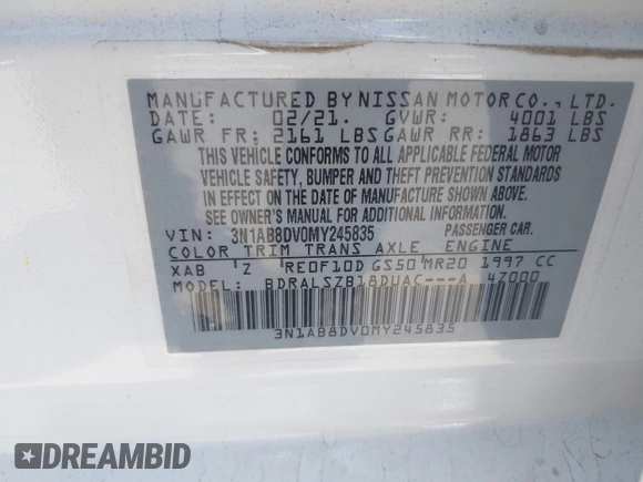 2021 Nissan Sentra SR z VIN 3N1AB8DV0MY245835, wystawiony jako IAAI lot #42320378 z przebiegiem 100 949 mil mil oraz . Historia ofert i sprzedaży dostępna na DreamBid. Obrazek 9.