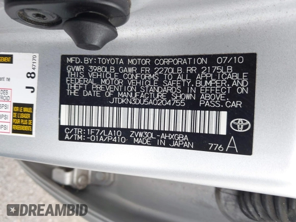 2010 Toyota Prius II with VIN JTDKN3DU5A0204755, listed as a IAAI auction lot 41795883 with 188,873 mi miles. Bid and sale history available at carsss.com. Image 9.