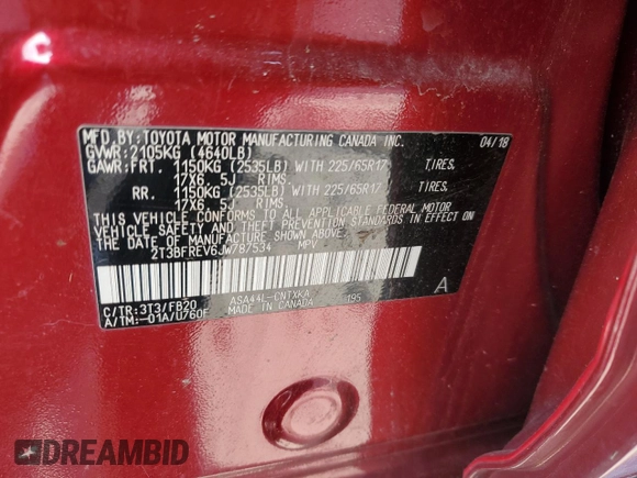 2018 Toyota RAV4 LE z VIN 2T3BFREV6JW787534, wystawiony jako Copart lot #68625903 z przebiegiem 34 752 mil mil oraz Szkoda całkowita • Salvage title. Historia ofert i sprzedaży dostępna na DreamBid. Obrazek 12.