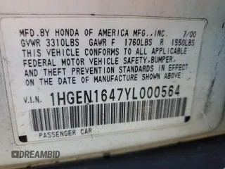 2000 Honda Civic z VIN 1HGEN1647YL000564, wystawiony jako Copart lot #45484615 z przebiegiem 122 506 mil mil oraz Szkoda całkowita • Salvage title. Historia ofert i sprzedaży dostępna na DreamBid. Obrazek 12.
