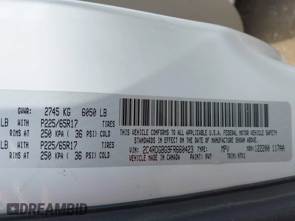 2015 Dodge Grand Caravan SE with VIN 2C4RDGBG9FR660423, listed as a IAAI auction lot 42184835 with 90,356 mi miles and . Bid and sale history available at DreamBid. Image 9.