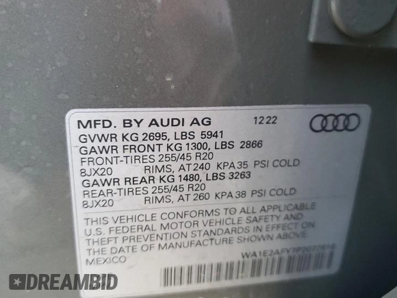 2023 Audi Q5 S line Premium Plus with VIN WA1E2AFY7P2072616, listed as a Copart auction lot 72936473 with 11,279 mi miles and . Bid and sale history available at DreamBid. Image 13.