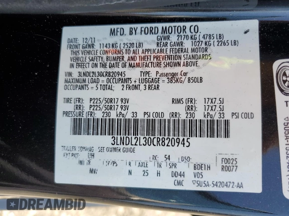 2012 Lincoln MKZ Hybrid with VIN 3LNDL2L30CR820945, listed as a Copart auction lot 63230365 with 157,482 mi miles and Salvage title. Bid and sale history available at DreamBid. Image 12.