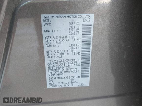 2013 Nissan Pathfinder SL with VIN 5N1AR2MM8DC632098, listed as a IAAI auction lot 41974948 with 145,741 mi miles and . Bid and sale history available at DreamBid. Image 9.