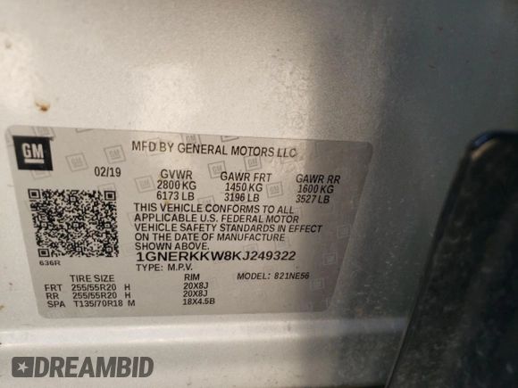 2019 Chevrolet Traverse Premier with VIN 1GNERKKW8KJ249322, listed as a Copart auction lot 43917545 with 104,758 mi miles and Salvage Title. Bid and sale history available at carsss.com. Image 13.