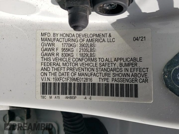 2021 Honda Civic Sedan EX with VIN 19XFC1F39ME012816, listed as a Copart auction lot 74093434 with 0 mi miles and Salvage Title. Bid and sale history available at carsss.com. Image 13.