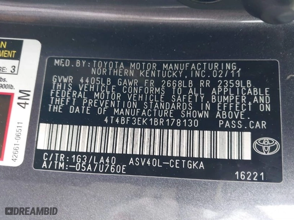 2011 Toyota Camry LE with VIN 4T4BF3EK1BR178130, listed as a IAAI auction lot 41814374 with 183,028 mi miles. Bid and sale history available at carsss.com. Image 9.
