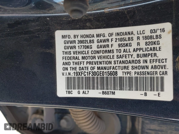 2016 Honda Civic Sedan EX-T with VIN 19XFC1F30GE015608, listed as a IAAI auction lot 42011102 with 80,812 mi miles. Bid and sale history available at carsss.com. Image 9.