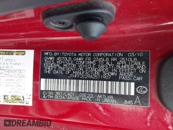 2010 Lexus IS 250 C z VIN JTHFF2C29A2511907, wystawiony jako IAAI lot #41995448 z przebiegiem 206 000 mil mil oraz . Historia ofert i sprzedaży dostępna na DreamBid. Obrazek 9.