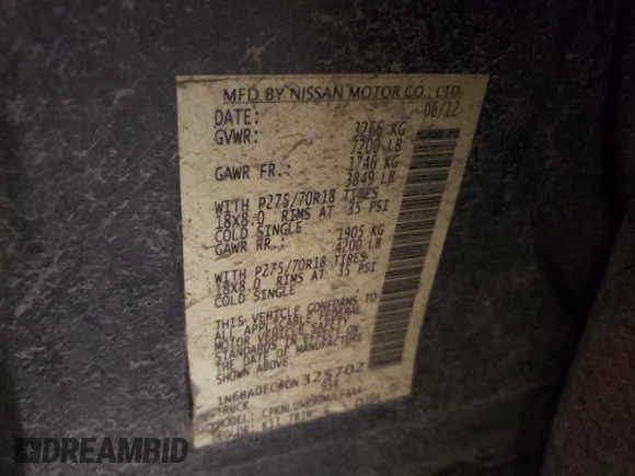 2012 Nissan Titan SV with VIN 1N6BA0EC4CN325702, listed as a Copart auction lot 85269694 with Not Provided miles and Salvage Title. Bid and sale history available at carsss.com. Image 14.