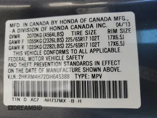 2013 Honda CR-V EX-L with VIN 2HKRM4H72DH645388, listed as a Copart auction lot 54915695 with 91,671 mi miles and Salvage Title. Bid and sale history available at DreamBid. Image 12.
