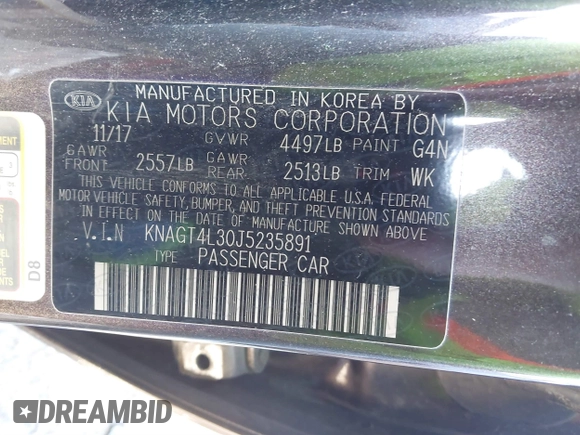 2018 Kia Optima LX with VIN KNAGT4L30J5235891, listed as a IAAI auction lot 41412579 with 44,362 mi miles. Bid and sale history available at carsss.com. Image 9.