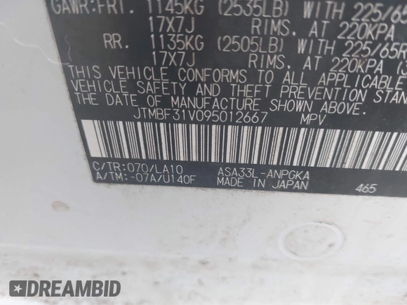 2009 Toyota RAV4 Ltd with VIN JTMBF31V095012667, listed as a IAAI auction lot 41977270 with 175,878 mi miles. Bid and sale history available at carsss.com. Image 9.