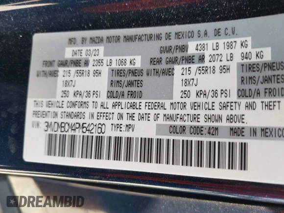2023 Mazda CX-30 S Carbon Edition with VIN 3MVDMBCM4PM542160, listed as a IAAI auction lot 42175395 with 11,340 mi miles and . Bid and sale history available at DreamBid. Image 9.