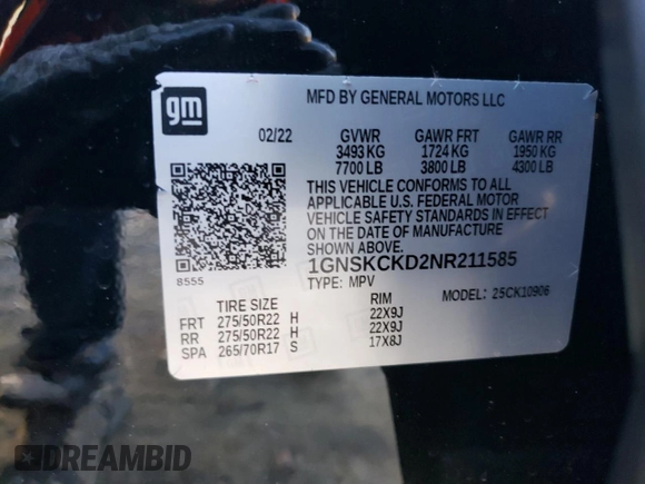 2022 Chevrolet Suburban LT with VIN 1GNSKCKD2NR211585, listed as a Copart auction lot 48373215 with 160,839 mi miles and Salvage Title. Bid and sale history available at DreamBid. Image 13.