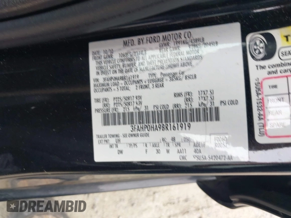2011 Ford Fusion SE with VIN 3FAHP0HA9BR161919, listed as a IAAI auction lot 41949599 with 260,911 mi miles. Bid and sale history available at carsss.com. Image 9.