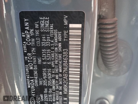 2022 Hyundai Kona SE z VIN KM8K2CAB7NU846383, wystawiony jako Copart lot #57091525 z przebiegiem 39 959 mil mil oraz Nie do naprawy • Non repairable. Historia ofert i sprzedaży dostępna na DreamBid. Obrazek 14.