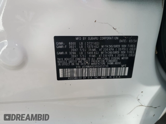 2024 Subaru Ascent Limited with VIN 4S4WMARDXR3423735, listed as a Copart auction lot 75816894 with 157 mi miles and Non repairable. Bid and sale history available at DreamBid. Image 13.