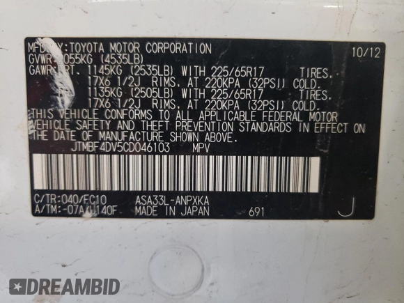 2012 Toyota RAV4 with VIN JTMBF4DV5CD046103, listed as a Copart auction lot 55659735 with 138,269 mi miles and Salvage title. Bid and sale history available at DreamBid. Image 14.