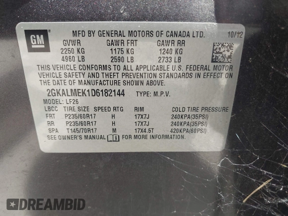2013 GMC Terrain SLE with VIN 2GKALMEK1D6182144, listed as a IAAI auction lot 42302404 with 191,900 mi miles and . Bid and sale history available at DreamBid. Image 9.
