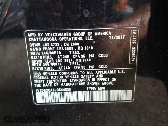 2018 Volkswagen Atlas SE z VIN 1V2DR2CA6JC544525, wystawiony jako Copart lot #55482545 z przebiegiem 131 950 mil mil oraz Szkoda całkowita • Salvage title. Historia ofert i sprzedaży dostępna na DreamBid. Obrazek 12.