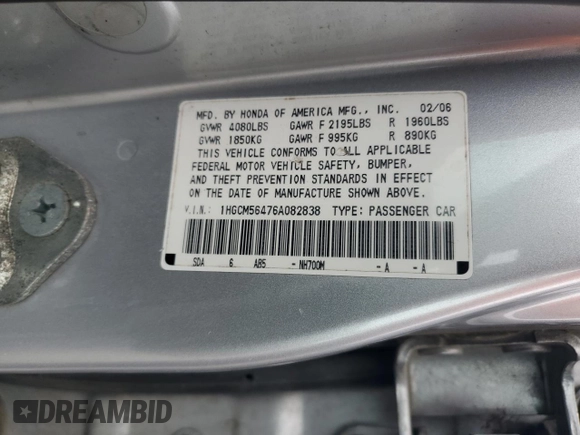 2006 Honda Accord LX with VIN 1HGCM56476A082838, listed as a Copart auction lot 62833545 with 278,550 mi miles and Clean title. Bid and sale history available at DreamBid. Image 12.