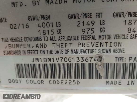 2016 Mazda 3 i Touring with VIN JM1BM1V70G1336745, listed as a IAAI auction lot 42169866 with 140,865 mi miles and . Bid and sale history available at DreamBid. Image 9.