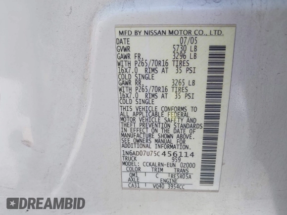 2005 Nissan Frontier LE with VIN 1N6AD07U75C456114, listed as a IAAI auction lot 42222661 with 165,651 mi miles and . Bid and sale history available at DreamBid. Image 9.