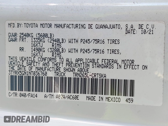 2022 Toyota Tacoma SR with VIN 3TYRX5GN1NT036760, listed as a IAAI auction lot 40435091 with 50,107 mi miles and . Bid and sale history available at DreamBid. Image 9.