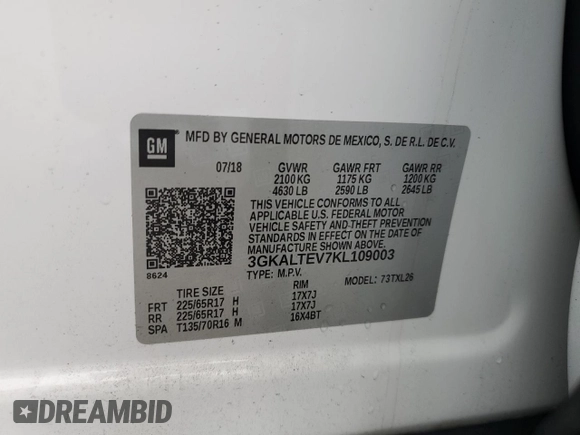 2019 GMC Terrain SLE with VIN 3GKALTEV7KL109003, listed as a Copart auction lot 56851765 with 76,741 mi miles and Non repairable. Bid and sale history available at DreamBid. Image 13.