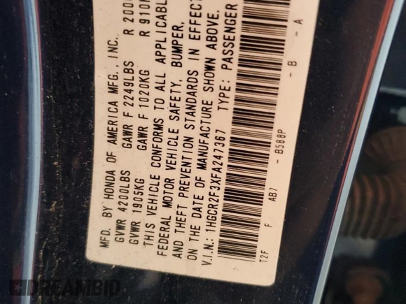 2015 Honda Accord LX with VIN 1HGCR2F3XFA247367, listed as a Copart auction lot 52890395 with 106,078 mi miles and Salvage Title. Bid and sale history available at DreamBid. Image 13.