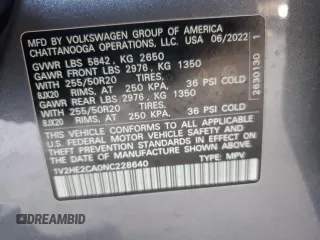 2022 Volkswagen Atlas SE with VIN 1V2HE2CA0NC228640, listed as a Copart auction lot 53285105 with 56,017 mi miles and Salvage title. Bid and sale history available at DreamBid. Image 14.