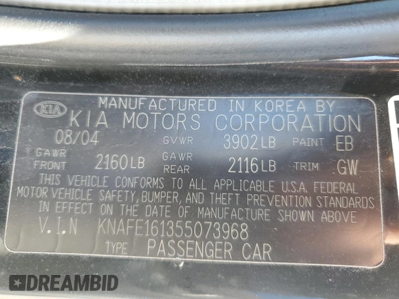 2005 Kia Spectra with VIN KNAFE161355073968, listed as a Copart auction lot 84543784 with 166,858 mi miles and Salvage Title. Bid and sale history available at carsss.com. Image 13.