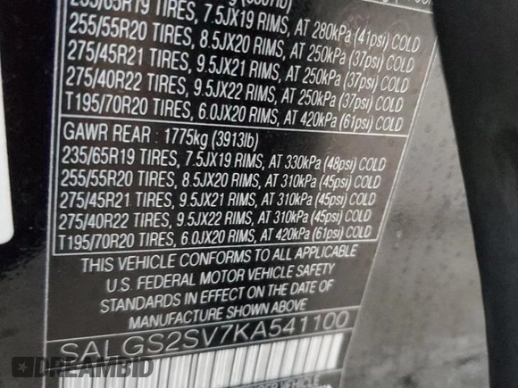 2019 Land Rover Range Rover HSE with VIN SALGS2SV7KA541100, listed as a Copart auction lot 86138804 with Not provided miles and Salvage title. Bid and sale history available at DreamBid. Image 15.