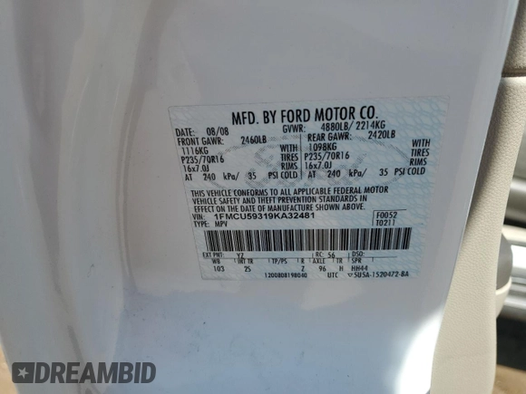 2009 Ford Escape Hybrid with VIN 1FMCU59319KA32481, listed as a Copart auction lot 60636465 with 68,541 mi miles and Salvage title. Bid and sale history available at DreamBid. Image 12.